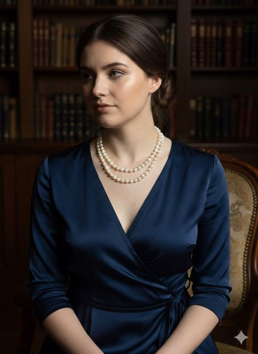 Double strand pearl necklace worn with navy silk